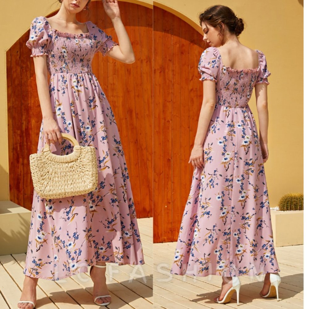 Boho Floral Dress, Floral Square Neck Shirred A-line Dress, Summer dress